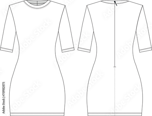 round neck crew neck half 3/4 sleeve bodycon mini dress template technical drawing flat sketch cad mockup fashion woman design style model