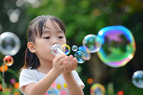 A young Asian girl blowing bubbles outside