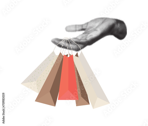 Trendy halftone collage banner with hand holding paper bags. Elements cut out from a magazine. Retro modern design for social media, flyer, banner, poster