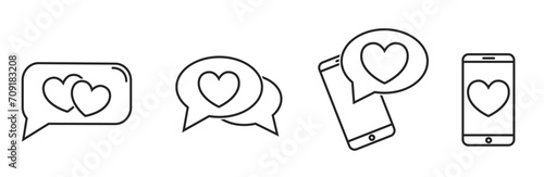love message line icon set. chat bubble with heart. love phone conversation symbols. vector images for valentines design