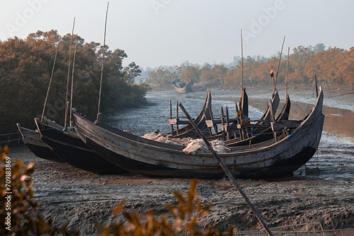 Fototapeta Traditional wooden boats in Cox's Bazar Ghat in Bangladesh