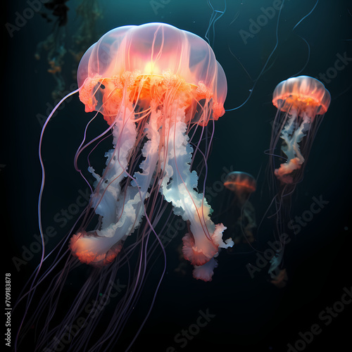 Bioluminescent jellyfish in a dark ocean.