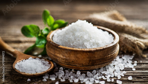Soothing sea salt crystals on a rustic wooden surface evoke a sense of purity and tranquility, creating a visually captivating stock photo photo