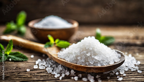 Soothing sea salt crystals on a rustic wooden surface evoke a sense of purity and tranquility, creating a visually captivating stock photo