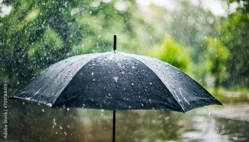 umbrella under torrential rain, symbolizing resilience and protection in adverse conditions. Dramatic water drops create a captivating backdrop