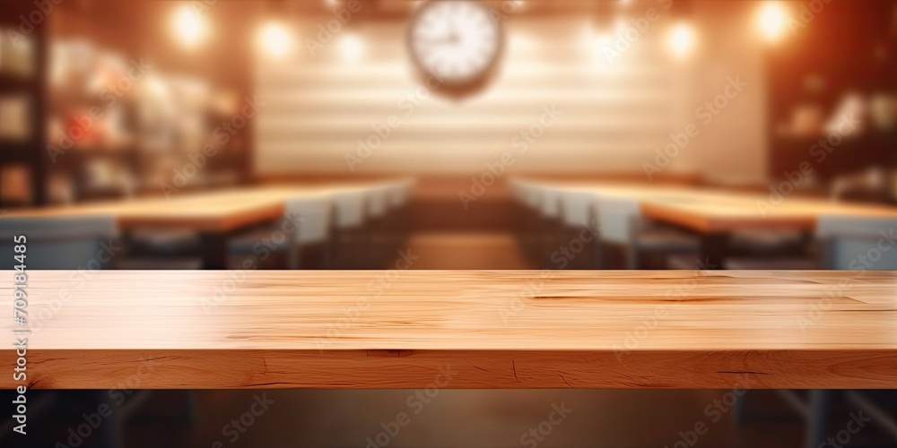 Blurred cafe counter with wood table-top for product display or design layout, with light bulb backdrop. Blurred cafe counter with wood table-top for product display or design layout, with light bulb backdrop.