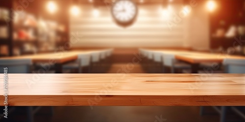 Blurred cafe counter with wood table-top for product display or design layout  with light bulb backdrop.