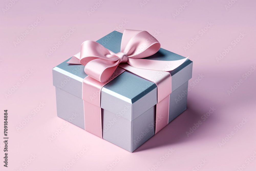 Fototapeta premium Shiny silver present gift box with pink ribbon bow on pink background, birthday and Valentines day special promotion offer concept.