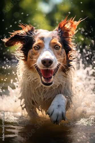 Happy dog playing in the water in summer. Adventures with your dog © Alicia