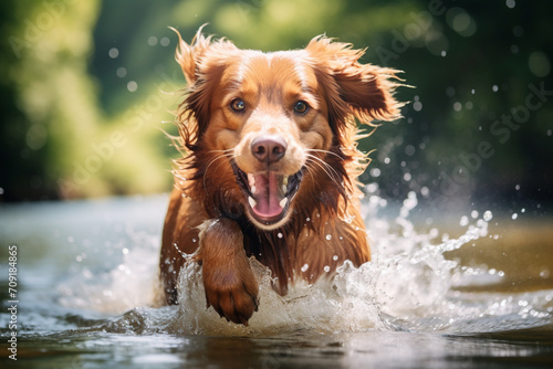 Happy dog playing in the water in summer. Adventures with your dog © Alicia