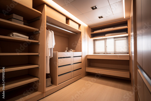 Walk in closet interior design, empty warm wooden walk in wardrobe in modern luxury and minimal style.