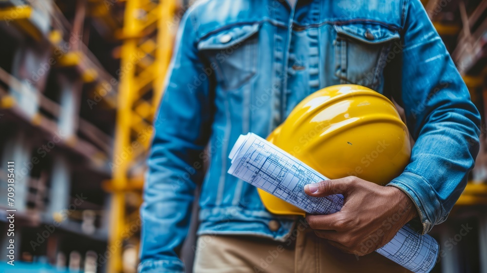 Construction Worker with Helmet and Plans.
Construction engineer holding helmet and blueprints at site. Construction Worker with Helmet and Plans.
Construction engineer holding helmet and blueprints at site.