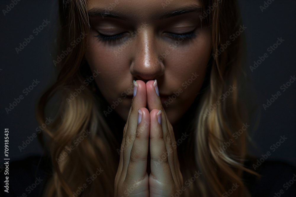 Naklejka premium Female praying hands close-up