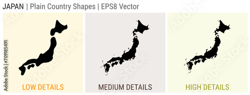 Japan - plain country shape. Low, medium, and high detailed maps of Japan. EPS8 Vector illustration.