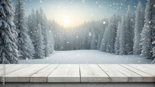 Background with Forest and Snowfall, Empty White Wooden Table, Product Display Template © varol