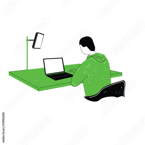 flat illustration of a content creation worker looking for content ideas & writing a script