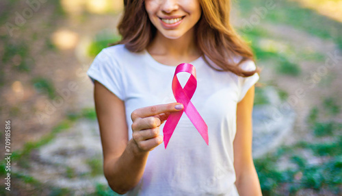Woman s hand holds pink ribbon  symbolizing breast cancer awareness and medical care