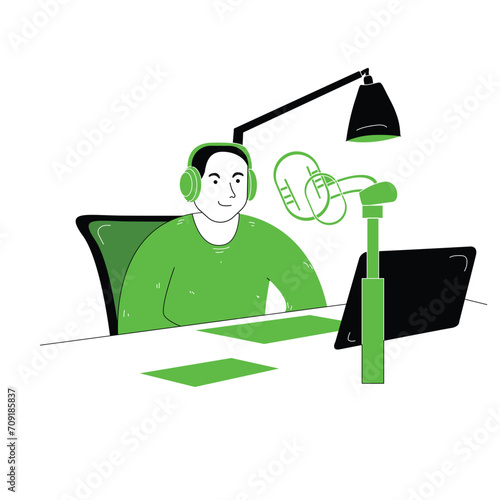 flat illustration of a content creation worker doing a podcast