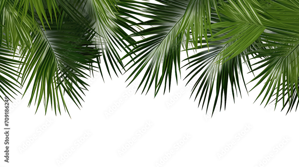 Overlay texture border of fresh green tropical plants with palm tree leaves isolated on transparent background. PNG file, cut out
