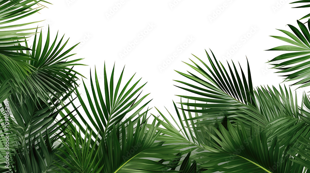 Overlay texture border of fresh green tropical plants with palm tree leaves isolated on transparent background. PNG file, cut out - obrazy, fototapety, plakaty 