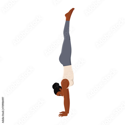 Woman doing Handstand yoga pose. Adho Mukha vrksasana. Flat vector illustration isolated on white background