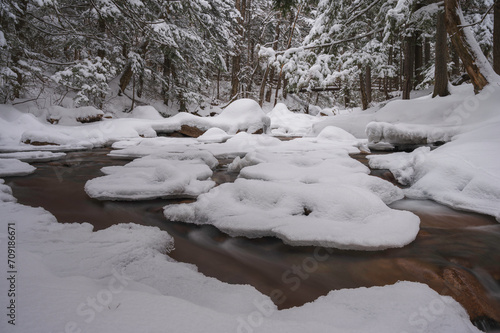 Snowy winter stream in the woods in White Mountains New Hampshire