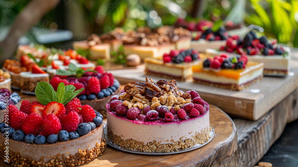 A variety of raw vegan desserts including cashew cheesecakes, date and nut bars, and fruit tarts on a wooden platter.