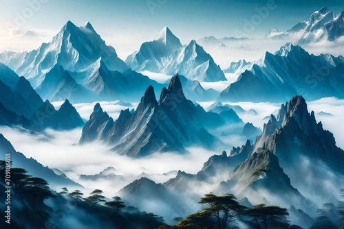 Surreal Himalaya Mountains immersed in swirling mist, with mystical shapes and contours of the peaks emerging through the haze, the environment transformed into an otherworldly dreamscape © malik