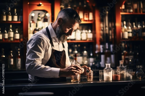 A barkeeper at work in a dark bar.