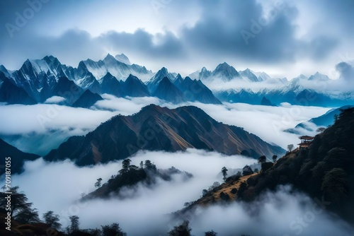 Surreal Himalaya Mountains immersed in swirling mist  with mystical shapes and contours of the peaks emerging through the haze  the environment transformed into an otherworldly dreamscape