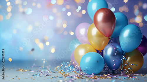 Imagen de globos de colores de colores brillantes, confeti, máscaras de carnaval y sombreros de fiesta esobre un fondo de color azul. 