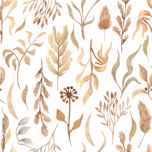 Watercolor beige dried florals seamless pattern, leaves branch repat paper, textile design