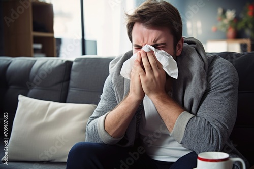 A man suffers from a cold on a sofa. photo