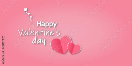  Illustration. The inscription Happy Valentine's Day isolated on a pink background and two pink origami hearts. Valentine's day celebration concept. © Viktoriia Pushenko