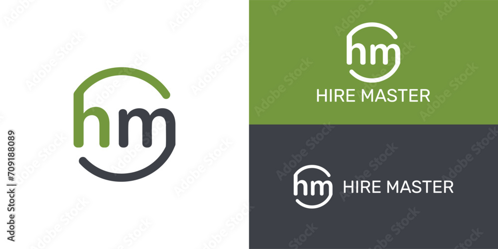 recruitment firm logo design which built from the abstract initial letters H and M with circle ornament in black and green color also suitable for logo design inspiration for jobseeker app or web logo