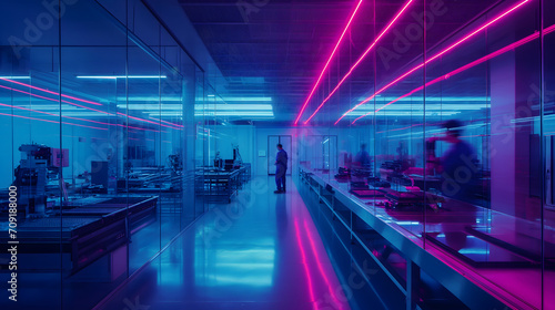 A long-exposure photography capturing the futuristic environment of a chip manufacturing facility  bathed in the glow of neon lights
