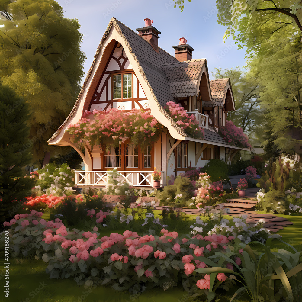 Charming cottage in a blooming garden