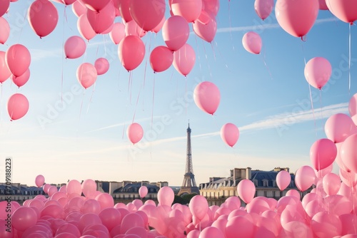 pastel pink balloons flying in the air in blue sky with Paris view with Eiffel Tower. romantic valentines day horizontal banner with copy space.