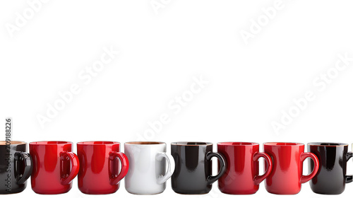 Graphic border of coffee cups, bottom aligned, with transparent background and copyspace