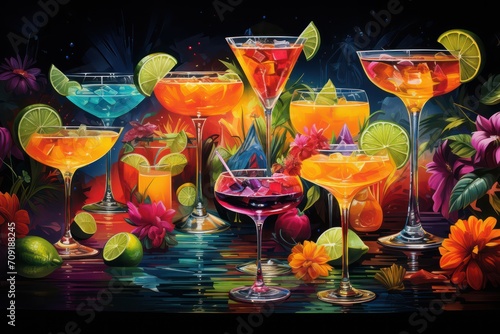 colorful tropical margarita cocktails at party at mexican bar and restaurant creative poster photo