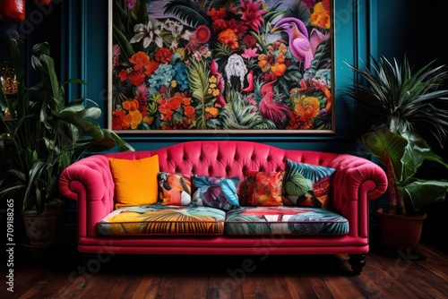 maximalist style eclectic vibrant colorful interior with couch or sofa and wall decoration. Hotel hall, artist's living room, coworking, clinic waiting lounge room. photo