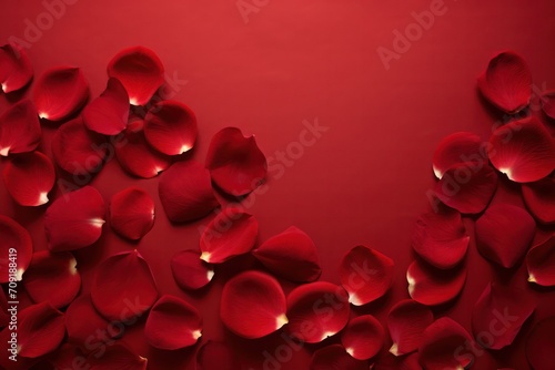 red rose petals on maroon Valentines day romantic background banner with copy space center and top
