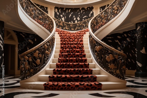 staircase with leopard animalistic print rug in the luxury hotel lobby or rich mansion house, palace photo