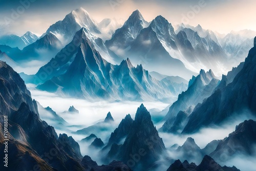 Surreal Himalaya Mountains immersed in swirling mist  with mystical shapes and contours of the peaks emerging through the haze  the environment transformed into an otherworldly dreamscape