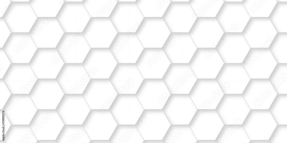 Naklejka premium Seamless pattern of hexagons white Hexagonal background with white hexagons. Geometric futuristic technology honeycomb backdrop mesh cell vector. 3d white hexagon grid tile structure mesh background.