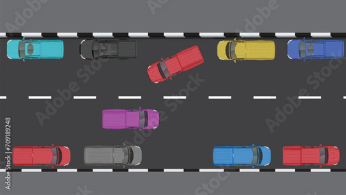 top view flat cartoon of car vehicle in parking lot or parking spot beside road