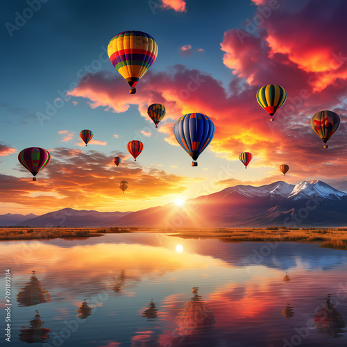 Colorful hot air balloons taking off at sunrise.