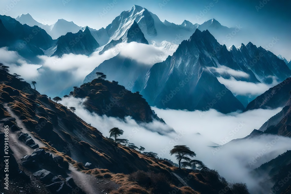 Surreal Himalaya Mountains immersed in swirling mist, with mystical shapes and contours of the peaks emerging through the haze, the environment transformed into an otherworldly dreamscape