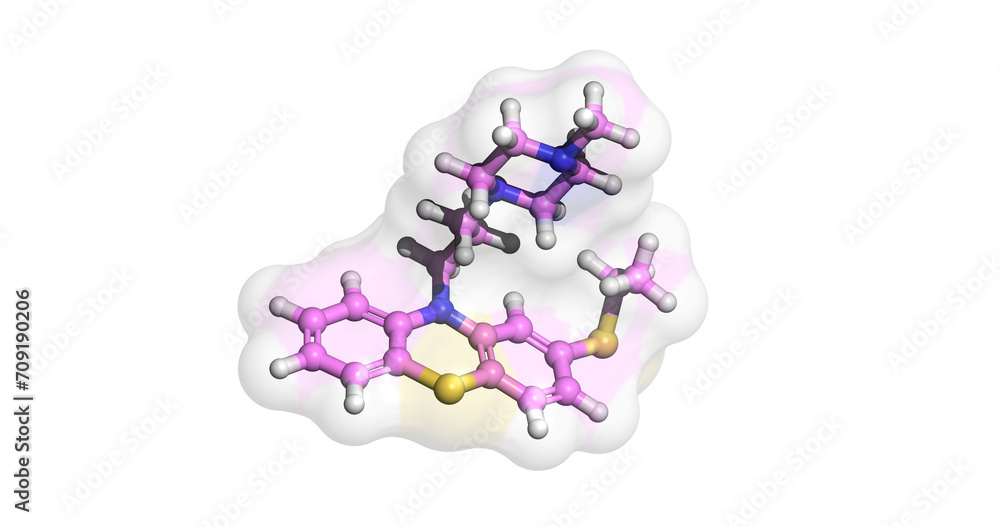 Obraz premium Thiethylperazine, drug for treatment of nausea and vomiting 3D molecule 4K