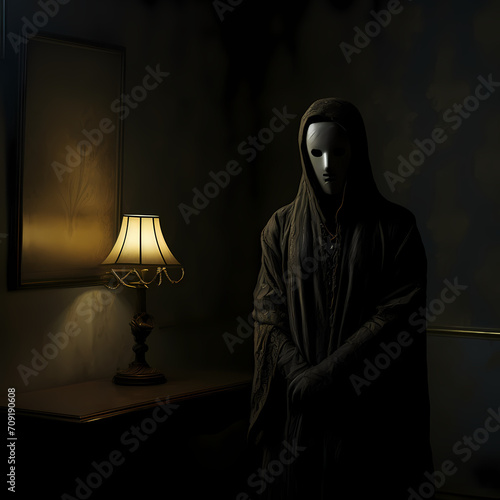 Enigmatic masked figure in a dimly lit room.